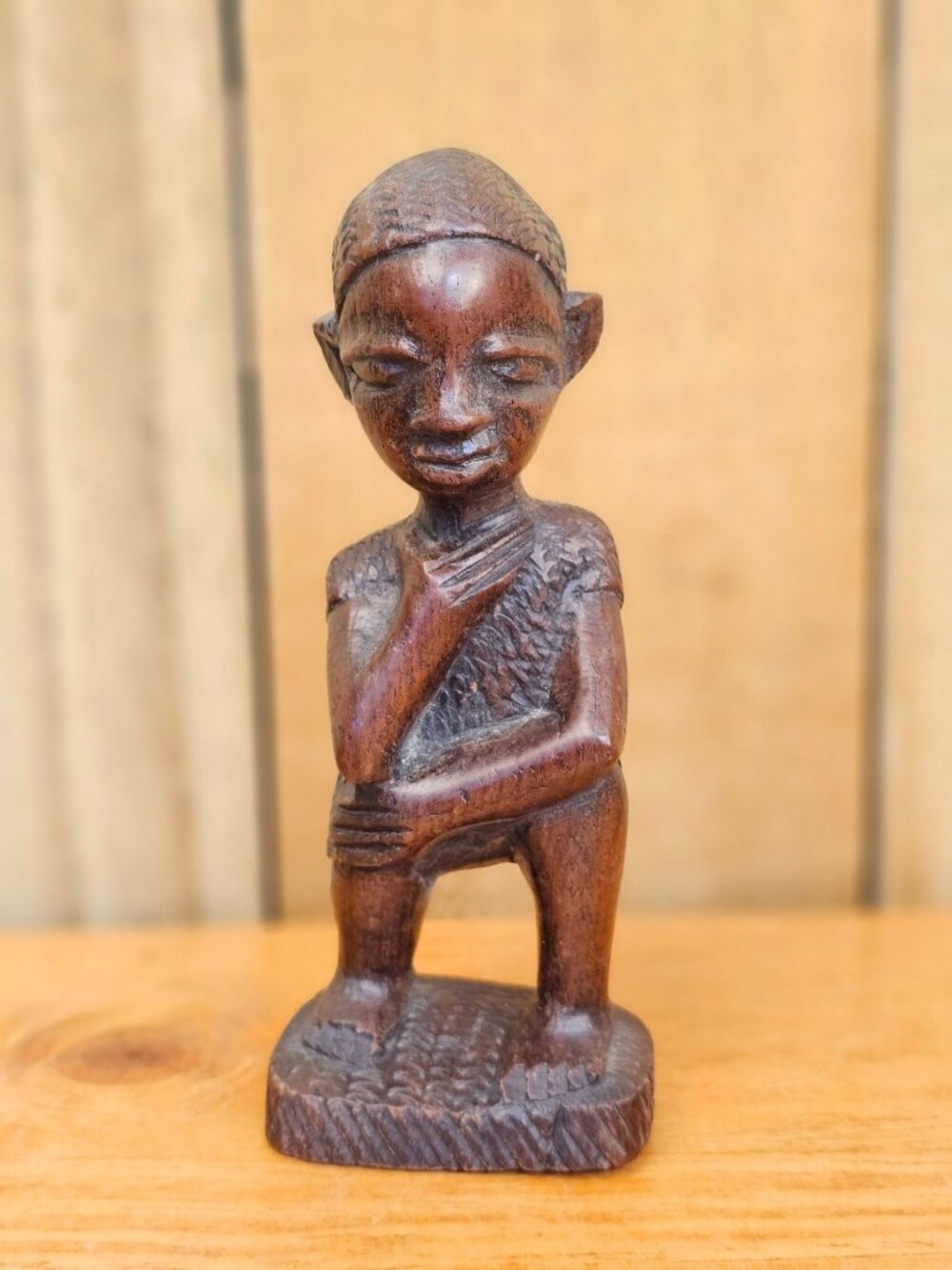 Hand-Carved Wooden Figurine Of A Thinker Vintage African Tribal Art 6" Tall
